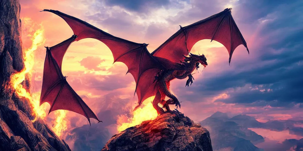 Image similar to A single dragon with half open wings breathing fire standing on the top of a mountain, epic composition, detailed and intricate image, cinematic, 4K