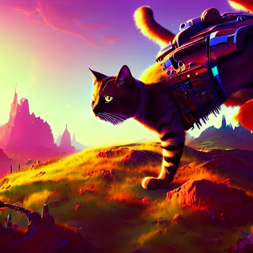 Image similar to gigantic cyborg cat crashes into gothic world planet, fantastic landscape, bright colors, hyperrealism, 4 k resolution, ultra detailed, style of anton fadeev, ivan shishkin, john berkey