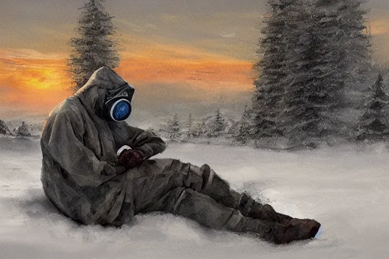 Image similar to ryan church jon mccoy concept art mood painting man wearing grey hazmat suit gas mask sitting against concreate wall snow covered field watching the beautiful winter sunrise