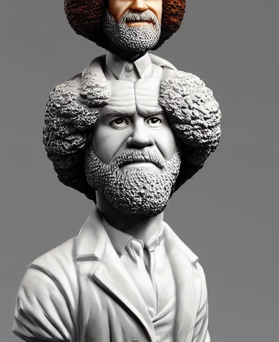 Prompt: a hyper-detailed marble statue of Bob Ross; anatomically correct; an extraordinary masterpiece!!!; flawless; fearful posture; photorealistic eyes; trending on artstation; f/1.4; 90mm