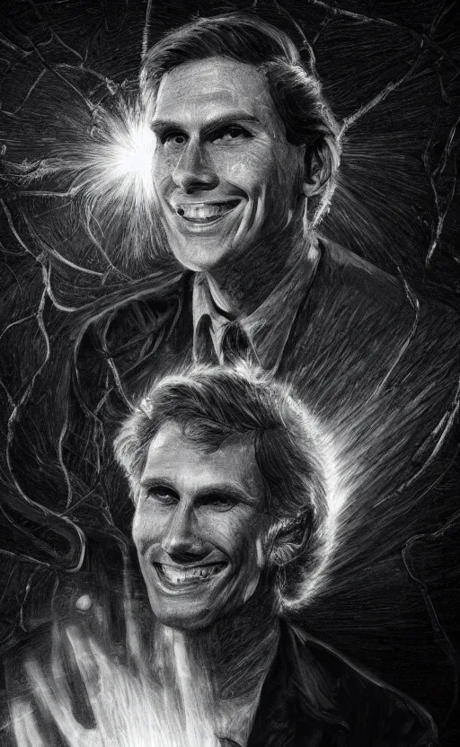 Image similar to portrait of lovecraftian smiling jerma, surrounded by beams of light dark background by wayne barlow, stanley donwood, anton semenov, zdzislaw bekinski, hr giger, 8 k, fantasy, dark, highly detailed