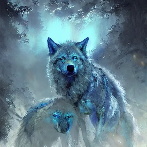 Image similar to a pack of large blue wolves with intricate glowing symbols on their fur. fantasy art cinematic. detailed masterpiece. realistic. photo realism. cgsociety. by krenz cushart. ruan jia. jarold sng.