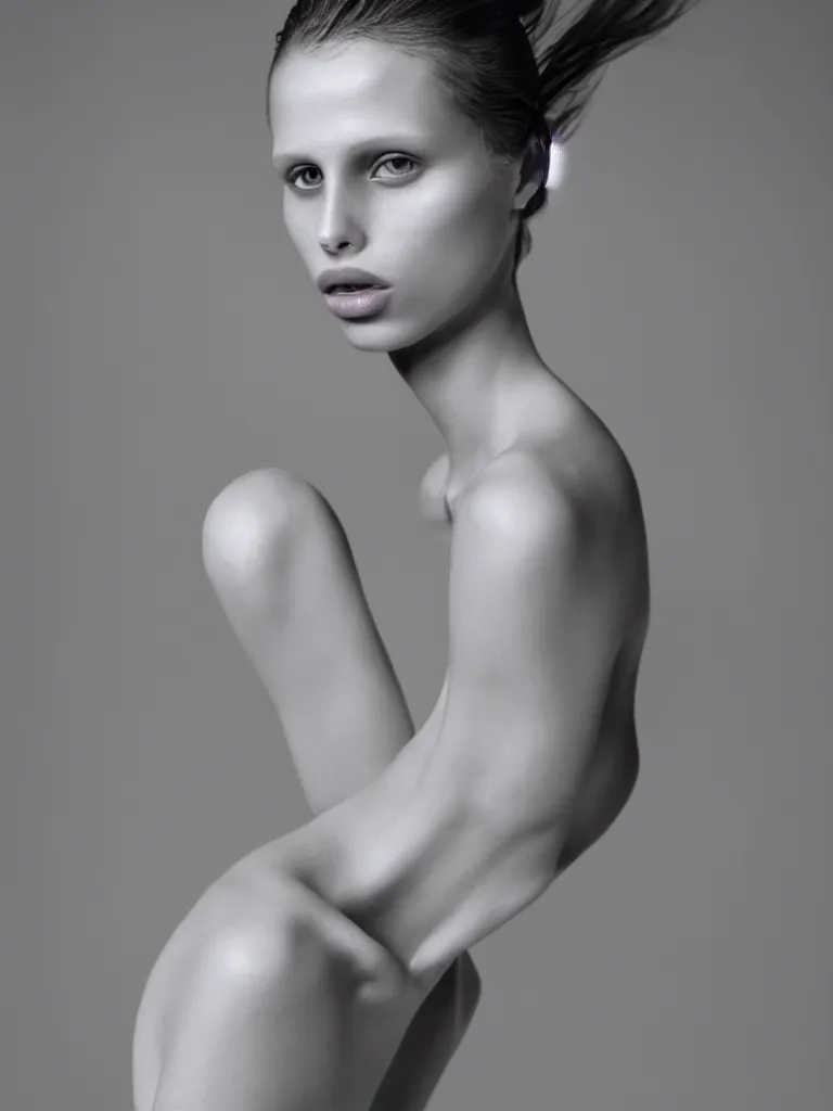 Image similar to medium format fine art portrait mid shot minimal fashion model marine vacth by reza nia, nick knight, amy judd, jil sander romantic heavenly elite style, beautiful perfect koinophilia face, perfect anatomical human form, posed, blush beauty makeup, studio, golden ratio, studio lighting, studio, flat neutral tone, sharp focus, fine detail, stunning matte painting