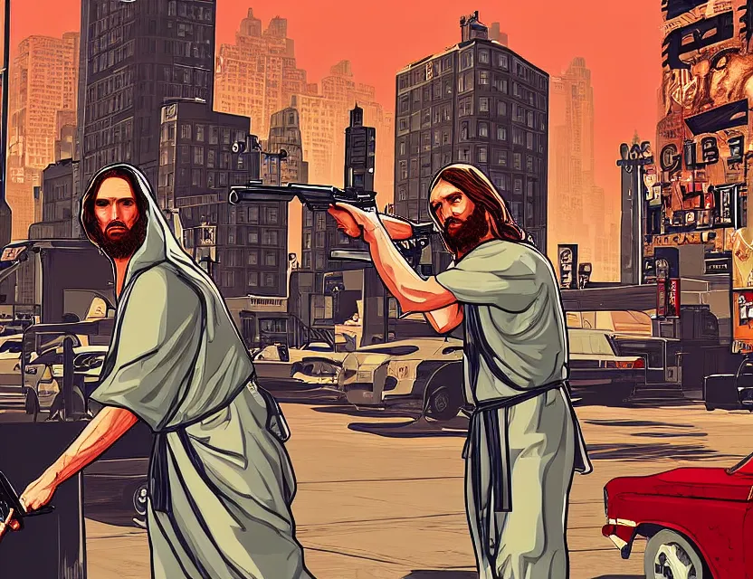 Image similar to illustration of jesus in robes aiming down the barrel of a shotgun in dimes square new york city in the style of gta v artwork, stephen bliss, highly detailed