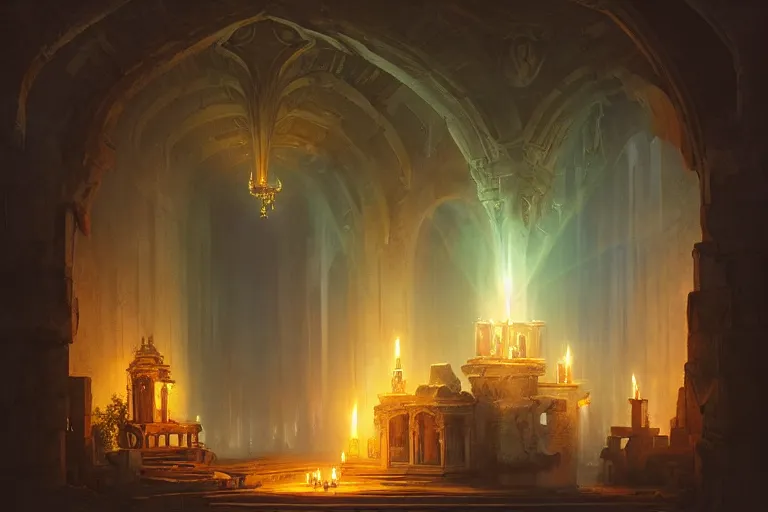 Prompt: Detailed Interior of Monastery Ruins, Waterfall walls, light of god, light shafts, candles, stunning atmosphere, in Style of Peter Mohrbacher, cinematic lighting, masterpiece