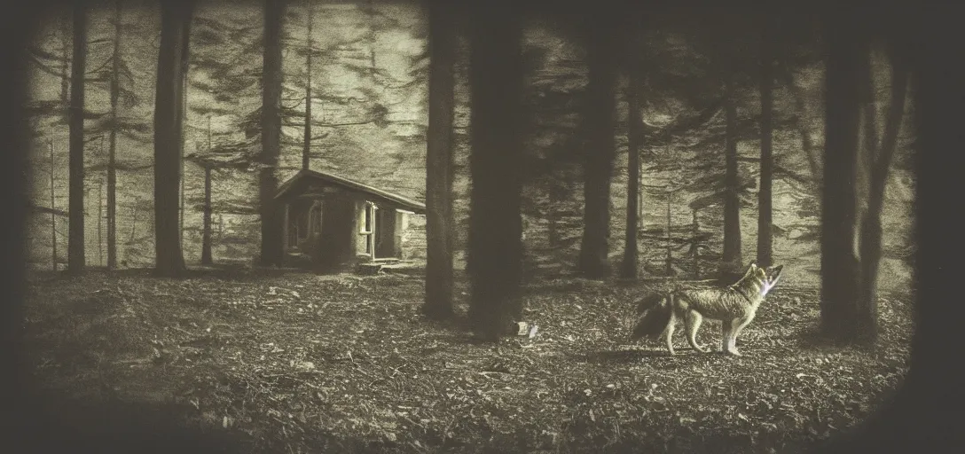 Prompt: house in the wood, wolf in opened door, pinhole analogue photo quality, blur, unfocus, cinematic, 35mm