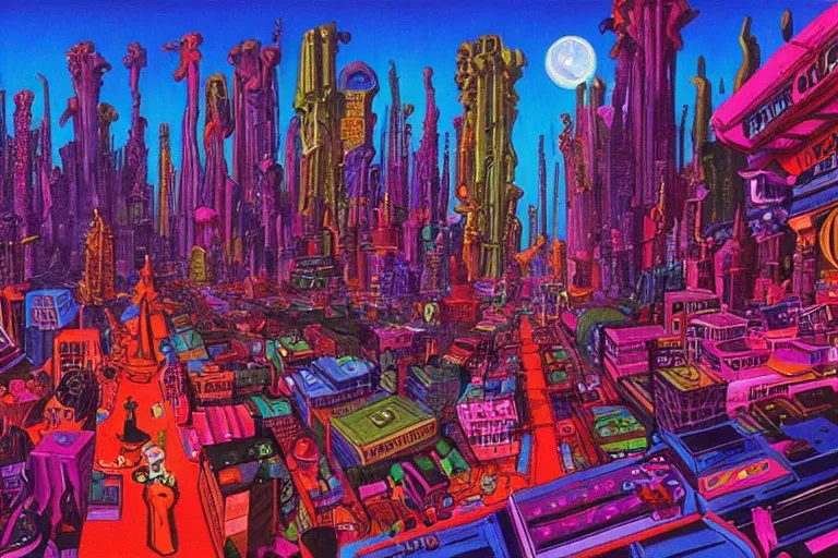 Image similar to surreal colorful nightmarish cityscape, artwork by ralph bakshi