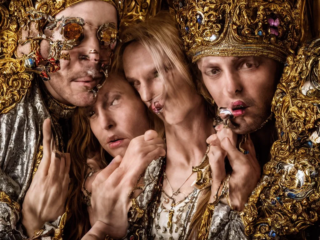 Image similar to a high-resolution color-chrome extreme closeup portrait photo of a medieval priest, kissing a incredible elegant pale renaissance rococo Queen, with ornate jewelled, rococo Queen, sci-fi, high-tech, beautiful low light, style Steve McCurry Octane render 8k