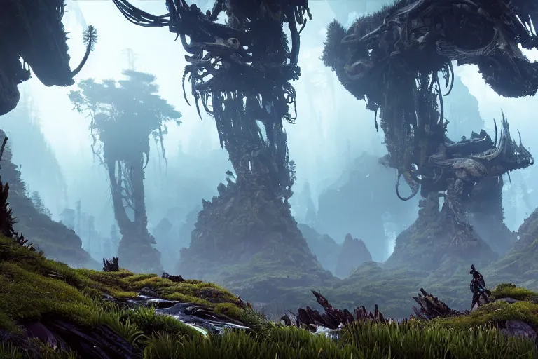 Image similar to wide epic shot from horizon forbidden west. a hyper detailed organic mechanic creatuve realistic similar look as horizon forbidden west horizon zero dawn, bioluminiscence in a dark deep forest at dawn in spring, with reflection and textures, by kilian eng, substance painter reaslitic mech surface metal painted scratches, world env from horizon forbidden west horizon zero dawn