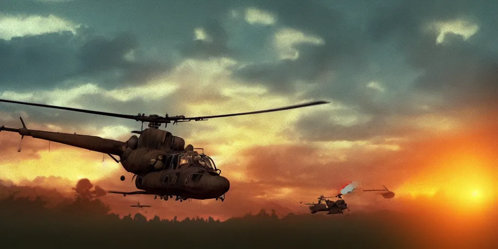 Prompt: Painting of vietnam Huey Helicopters, above a forest, orange sun set, abstract, realism, 8k, high details, octane render, glow, war, far, distance, over the horizon