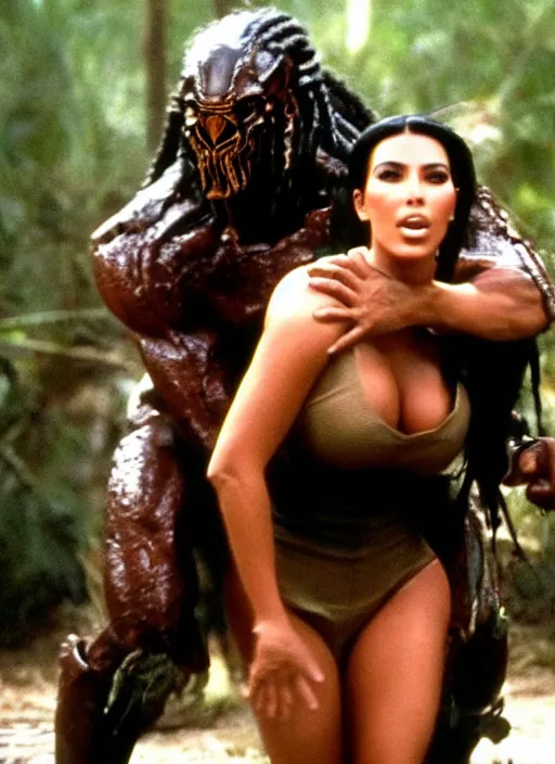 Image similar to film still of kim kardashian being held up in the air by predator in the movie predator.