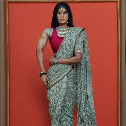 Prompt: an fit and muscular indian woman wearing a sari, highly detailed, intricate, 8 k