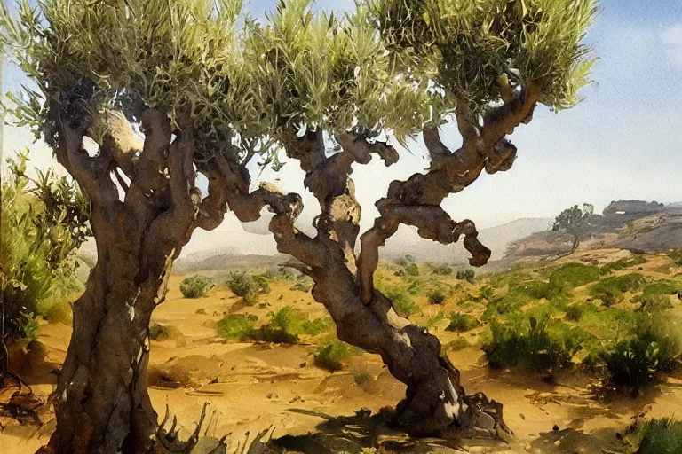 Prompt: watercolor painting of young olive tree in portugal, art by hans gude, art by hans dahl, by jesper ejsing, art by anders zorn, wonderful masterpiece by greg rutkowski, cinematic light, american romanticism by greg manchess, creation by tyler edlin