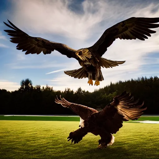 Image similar to cinematic photo of a giant eagle snatching away the oregon duck mascot with its talons, camera is looking up at the subject in the sky with fancy clouds behind