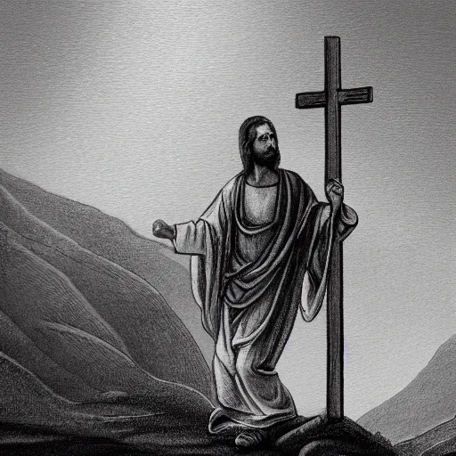 Image similar to pencil illustration of Jesus carrying the cross to the hill, detailed, 8k