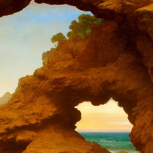 Image similar to a beautifully highly detailed close up portrait of a raven under a rock arch, coves crashing waves plants, beautiful serene sunset, detailed organic textures, by frederic leighton and rosetti and turner and eugene von guerard, 4 k