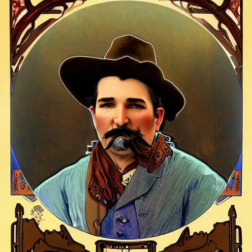 Prompt: a detailed portrait most wanted poster ted cruz dressed like santa ana as an old west bandit, long twirling moustache, by alphonse mucha and albert bierstadt and thomas moran and charles russel, god rays, intricate detail, cinematic, 8 k, featured on artstation, pixiv