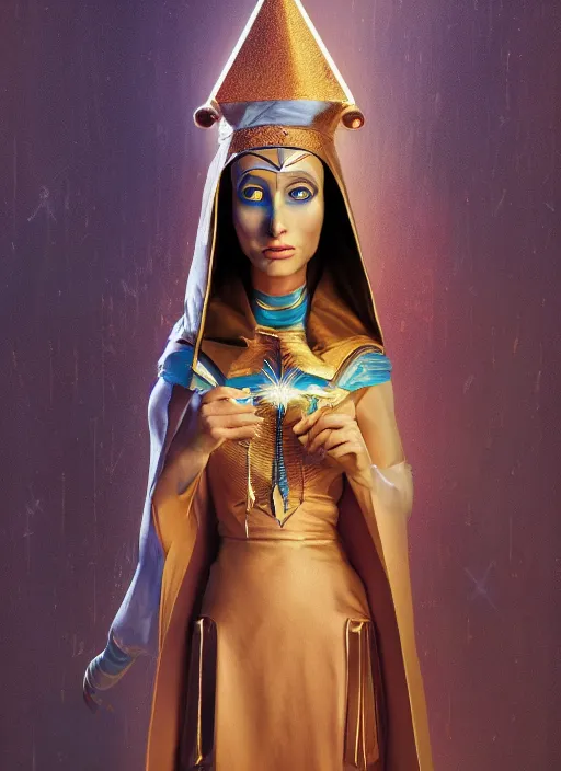 Image similar to an anthropomorphic beautiful female wizard of pharaoh holding magic wand portrait wearing robe, fine art, award winning, intricate, elegant, sharp focus, octane render, hyperrealistic, cinematic lighting, highly detailed, digital painting, 8 k concept art, art by jamie hewlett and z. w. gu, masterpiece, trending on artstation, 8 k