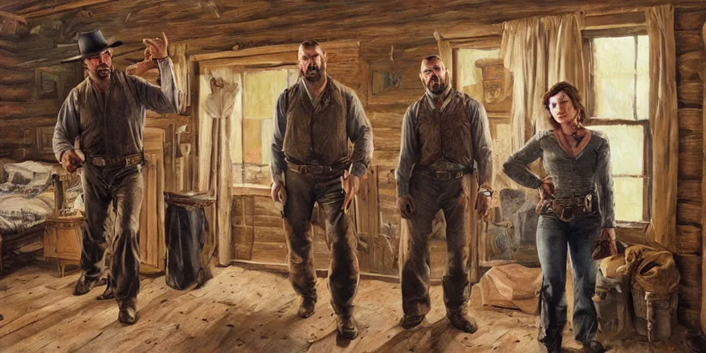 Prompt: oil painting of Mila Jovovich and Dave Bautista in the old west in a cabin on the prairie