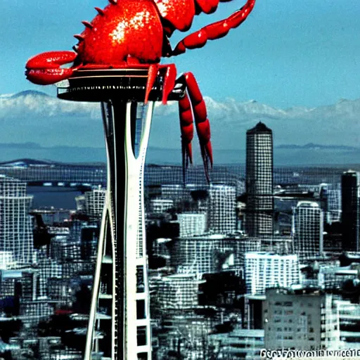 Prompt: giant lobster Kaiju attacking the space needle in Seattle, film still, 1992, detailed, 4k