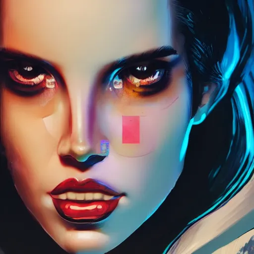 Image similar to portrait of lana del rey as a cyborg. intricate abstract. intricate artwork cyberpunk by tooth wu, wlop, beeple, dan mumford. octane render, trending on artstation, greg rutkowski ruan jia, cinematic, hyper realism, unreal 4, high detail, octane render, 8 k, key art, iridescent accents