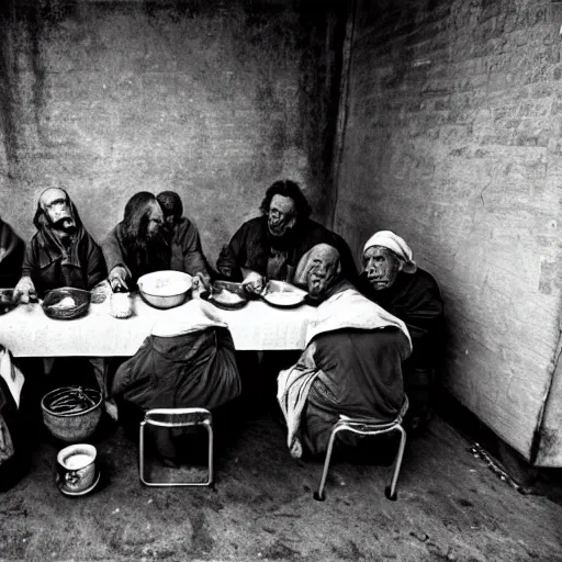 Prompt: Award Winning Editorial wide-angle picture of a Tramps in a new York Soup Kitchen by David Bailey and Lee Jeffries, The Last Supper