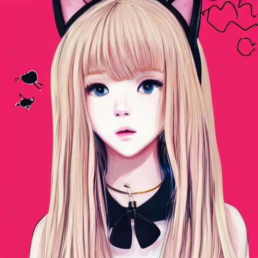 Prompt: realistic beautiful gorgeous natural cute Blackpink Lalisa Manoban blonde hair cute fur blonde cat ears, wearing summer outfit, wearing headphones, wearing black leather choker artwork drawn full HD 4K highest quality in artstyle by professional artists WLOP, Taejune Kim, Guweiz on Artstation Pixiv