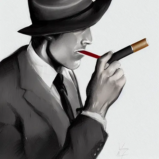 Image similar to noir detective wearing fedora and smoking a cigarette, raining, Artwork by Artgerm