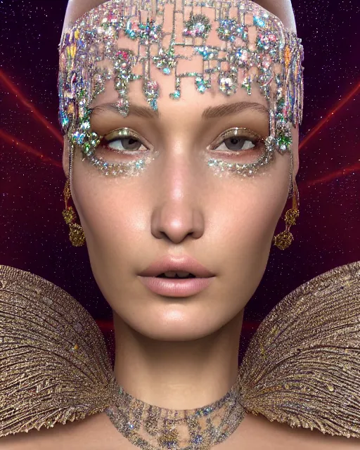 Prompt: a highly detailed metahuman 8 k close up render of bella hadid as a ballerina in gustav klimt style in diamonds crystals swarovski and jewelry on artstation made in unreal engine 4