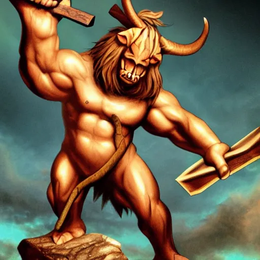 Prompt: huge smug minotaur wielding a great - axe, menacing aura