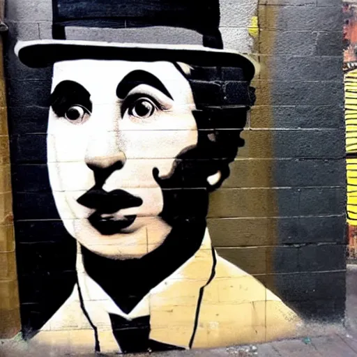 Image similar to Street-art portrait of Charlie Chaplin in style of Swoon