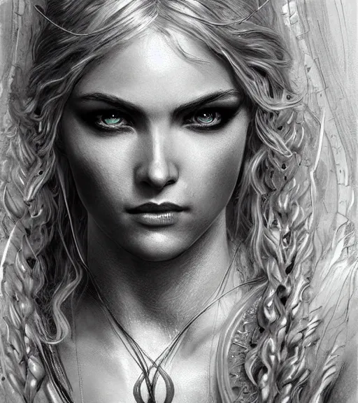 Image similar to beautiful aphrodite goddess as an archer warrior, beautiful piercing eyes, flowing blonde hair, realistic face, black and white drawing, in the style of greg rutkowski, fantasy, amazing detail, epic, intricate, elegant, smooth, sharp focus