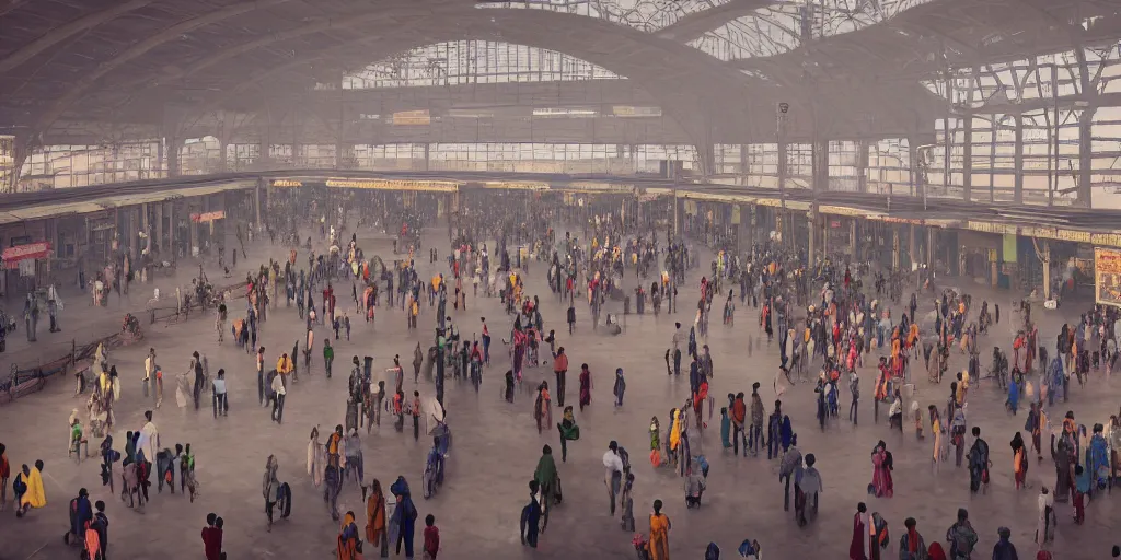 Image similar to cinematic movie scene, establishing shot, interior of an india railway station, bustling with people, sharp focus, unreal engine, octane render, aesthetic
