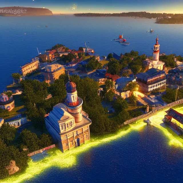 Prompt: lviv island on the sea, 8 k ultra realistic, lens flare, atmosphere, glow, detailed, intricate, full of colour, led lighting, 4 k, hyperrealistic, focused, extreme details, unreal engine 5, masterpiece