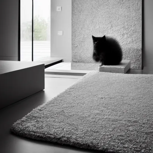 Prompt: modern minimalist interior design with a fluffy kitten