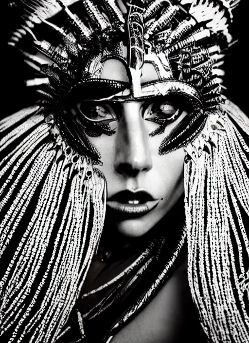 Image similar to lady gaga as a tribal woman, intricate, cinematic lighting, highly detailed, canon 3 5 mm photography, horizontal symmetry, smooth, sharp focus