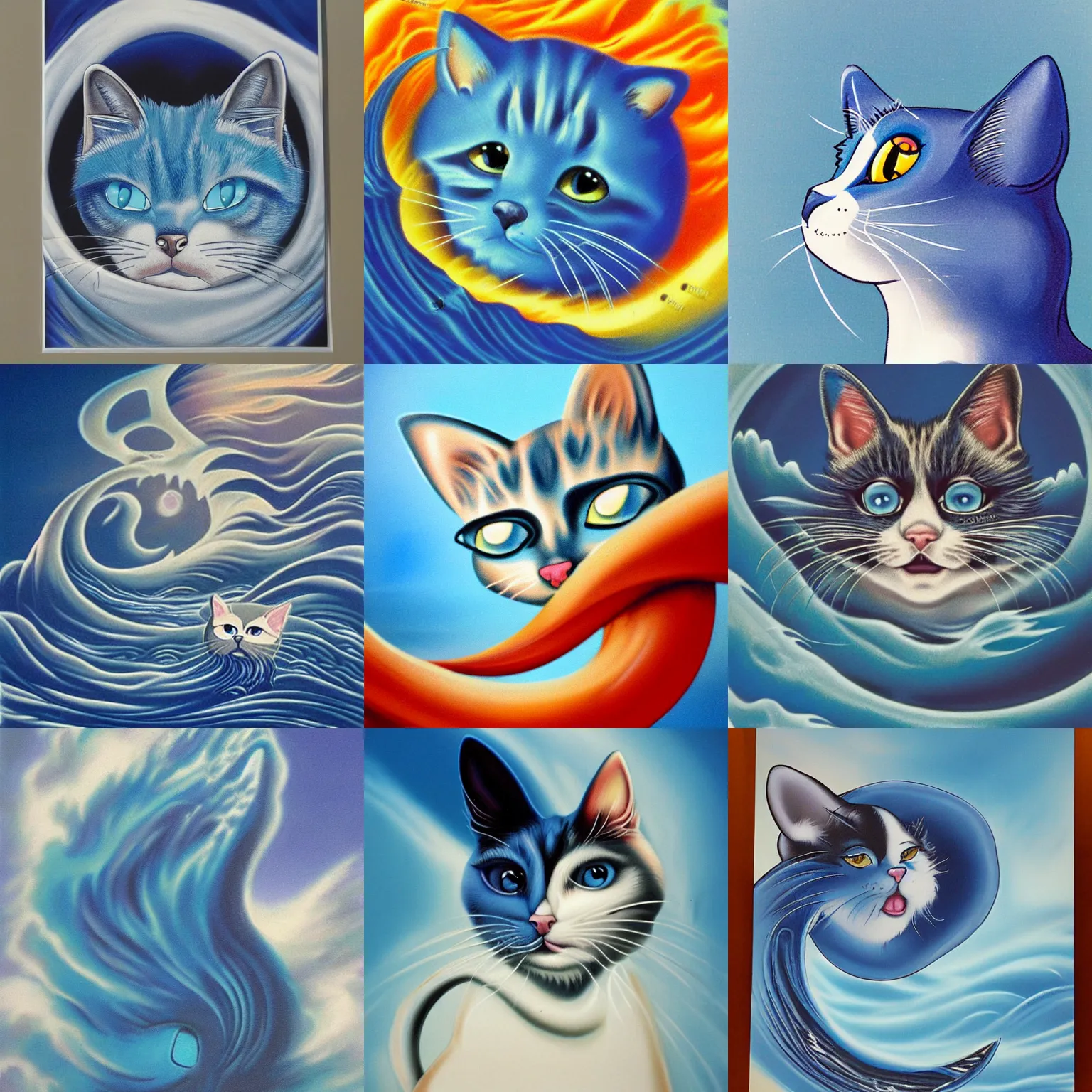 Prompt: professional, high quality airbrush art of a blue vintage cartoon cat's head in the shape of a cresting ocean wave , 1990s 1992