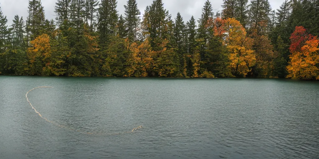 Prompt: an long rope zig - zagging across the surface of the water into the distance, floating submerged rope stretching out towards the center of the lake, a dark lake on an overcast day, atmospheric, color film, trees in the background, 4 k photo, anamorphic lens