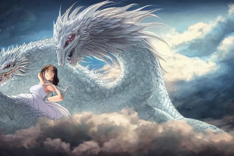 Image similar to a hyper detailed big render of princess lie on the ground be surrounded snuggle by a huge silver white dragon, in the white clouds fairyland center, finely detailed angelic face, style of studio ghibli, makoto shinkai, xision, ilya kuvshinov and artgerm, kazuki tanahashi, james jean, animation, golden curve composition, telephoto lens