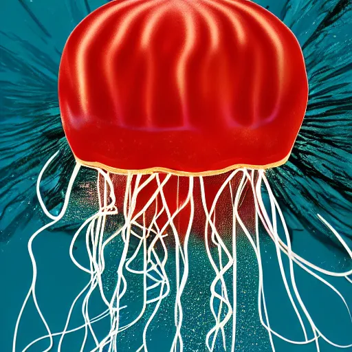 Image similar to hamburger mix jellyfish, cg, 8 k, sharp focus, style by andy warhol