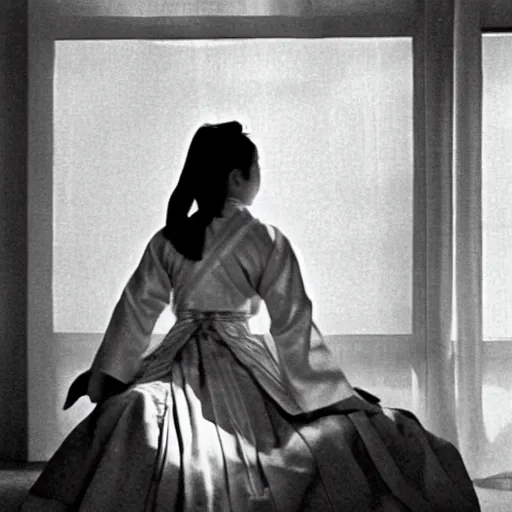 Prompt: a woman in a hanbok sitting on a couch, a starfish arm coming through the window, minimal cinematography by Akira Kurosawa, movie filmstill, 1950s film noir, thriller by Kim Jong-il and Shin Sang-ok, abstract occult epic composition