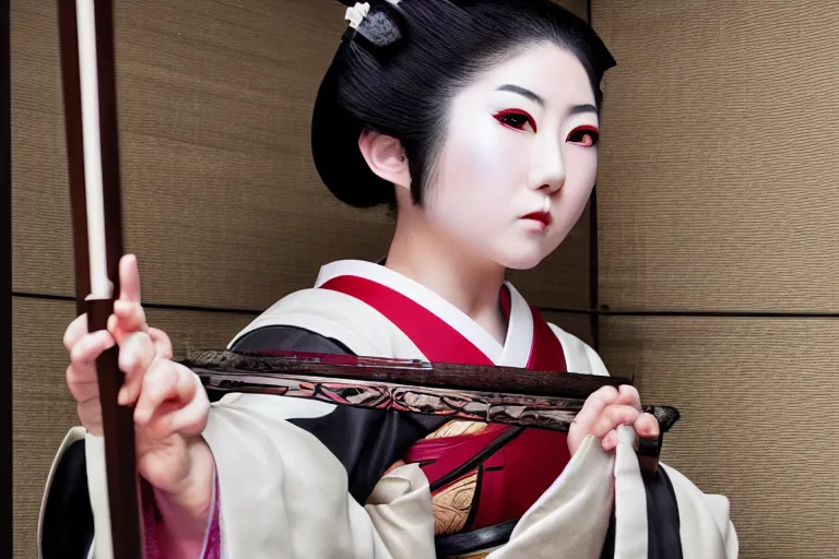 Image similar to beautiful photo of a young modern geisha samurai practising the sword in a traditional japanese temple, mid action swing, beautiful eyes, huge oversized sword, award winning photo, muted pastels, action photography, 1 / 1 2 5 shutter speed, dramatic lighting, anime set style