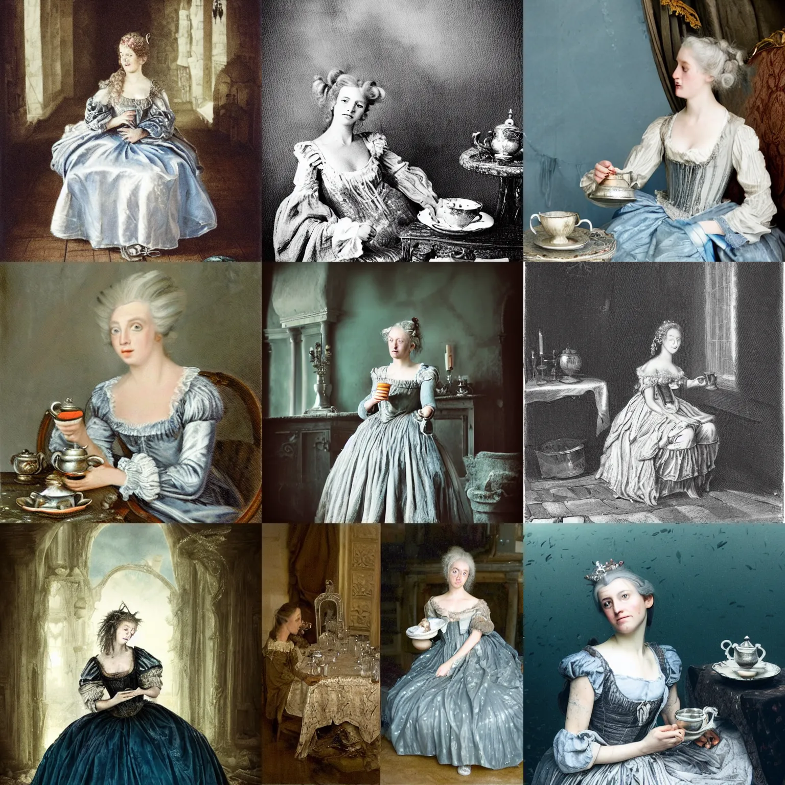 Prompt: A silver haired ((mad)) princess from the 18th century, dressed in a ragged, dirty, 18th century silver wedding dress, is ((drinking a cup of tea)), in her right side is a porcelain tea set. She is in her underwater, precious, scarry castle. mystical, atmospheric, greenish blue tones, underwater photography, concept art by John Everett Millais, Annie Stegg Gerard, Ian David Soar, John Anster Fitzgerald
