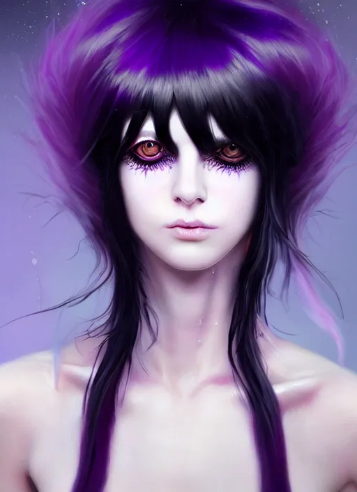 Image similar to hair blackbangs hair, white cyberlox, portrait of normal teenage girl, normal face, black bangs, messy bangs, fluffy bangs, cyberlox, whitebangs, red contact lenses, purple background, intricate, elegant, highly detailed, digital painting, artstation, concept art, sharp focus, smooth, illustration, art by wlop, mars ravelo and greg rutkowski