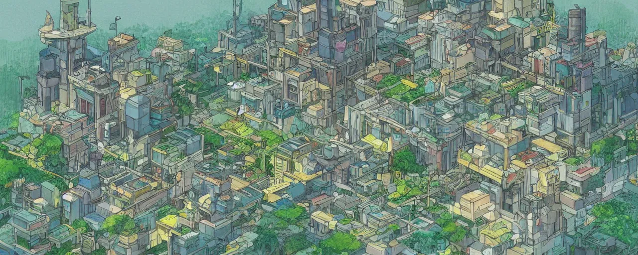 Image similar to a solarpunk city in the style of studio ghibli