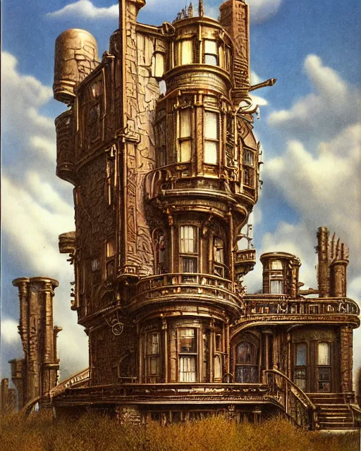 Image similar to steampunk mansion by ralph mcquarrie and frank lloyd frank lloyd and bruce pennington and ted nasmith