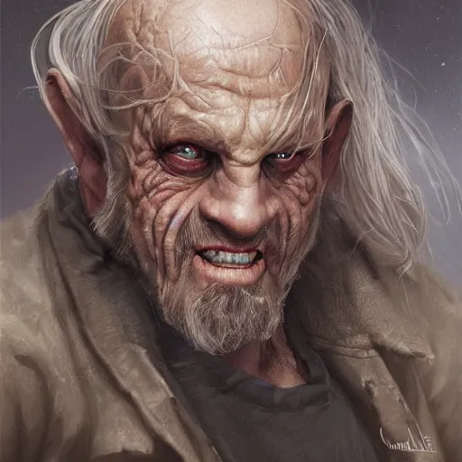 Image similar to a detailed matte head - on portrait painting of an ugly old hobbit man, with a large scar and missing teeth portrait by charlie bowater, lise deharme, wlop, tending on arstation, dungeons and dragon, dnd, pathfinder, fanart, oil on canvas