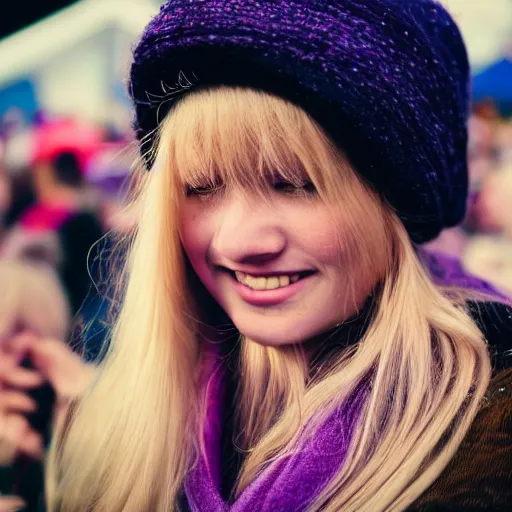 Image similar to ultra high resolution close - up of a very beautiful young woman with blond long hair, making up, standing in crowd of music festival, looking down at the camera. her face is partially obscured by a purple scarf, and she has a lovely smiling expression. the light is dim, and the colours are muted. kodak etkar 1 0 0.