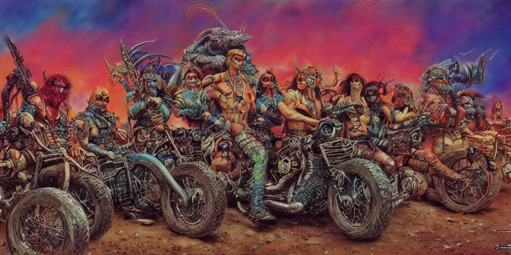 Image similar to psychedelic post apocalyptic orcish biker gang, sharp focus, psychedelic colors, boris vallejo, michael whelan, 8 k, epic scifi fantasy art