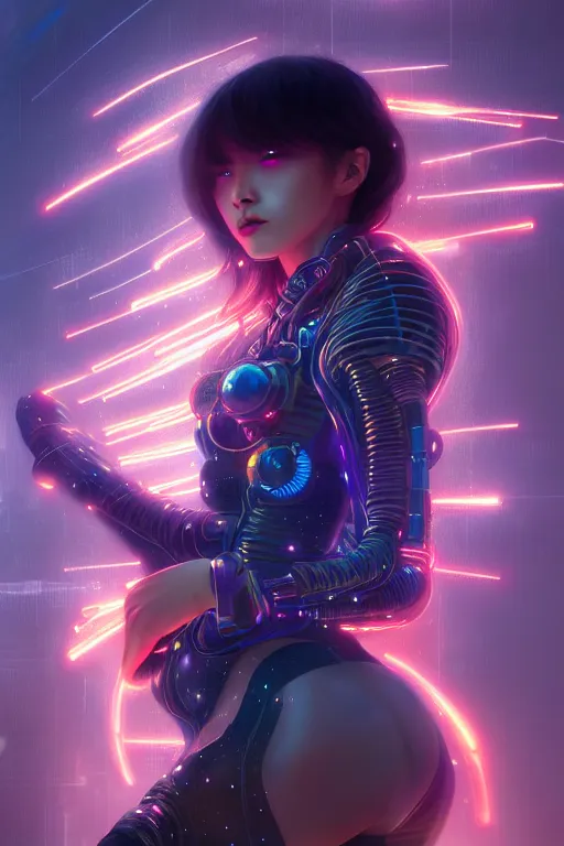 Prompt: portrait futuristic wizard Girl with thunder and fire sparkles and starlight, n future cyberpunk tokyo rooftop , ssci-fi, fantasy, intricate, very very beautiful, elegant, human anatomy, human structure, neon light, highly detailed, digital painting, artstation, concept art, smooth, sharp focus, illustration, art by tian zi and WLOP and alphonse mucha